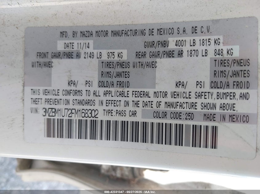 2015 MAZDA MAZDA3 VIN: 3MZBM1U72FM168302