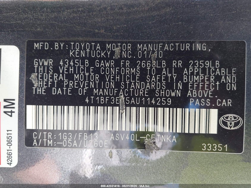 2010 TOYOTA CAMRY VIN: 4T1BF3EK5AU114259