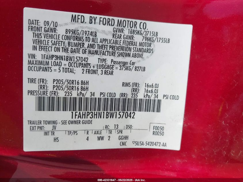 2011 Ford Focus Sel VIN: 1FAHP3HN1BW157042 Lot: 42331647