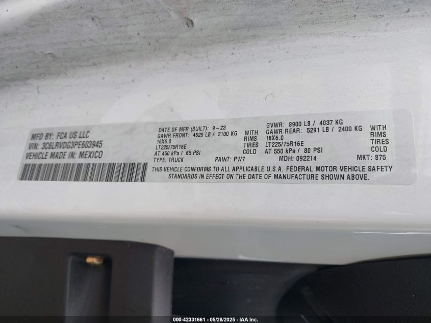 2023 Ram Promaster 2500 VIN: 03C6RVDG3PE603945 Lot: 42331661