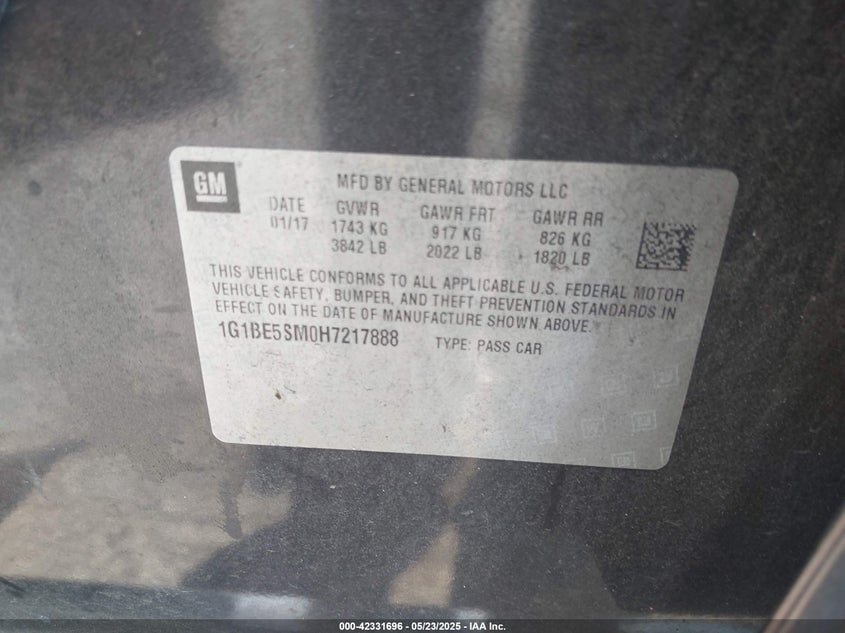 2017 CHEVROLET CRUZE LT - 1G1BE5SM0H7217888