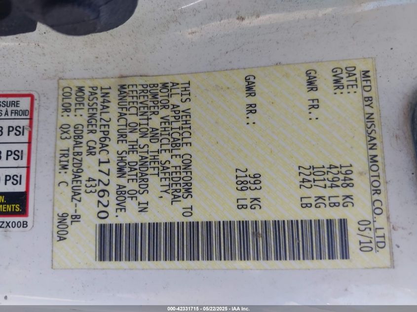 2010 Nissan Altima 2.5 S VIN: 1N4AL2EP6AC172620 Lot: 42331715