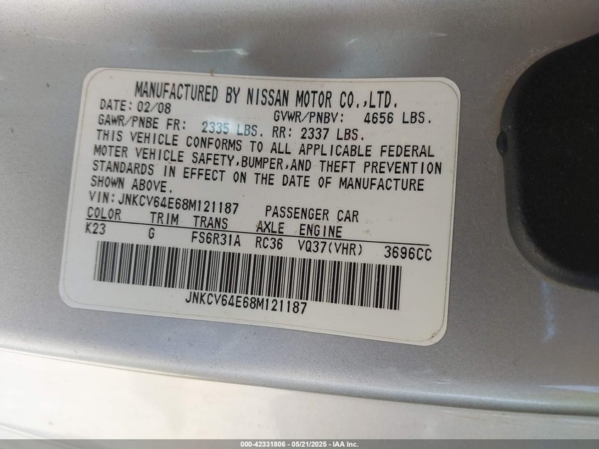2008 INFINITI G37 VIN: JNKCV64E68M121187