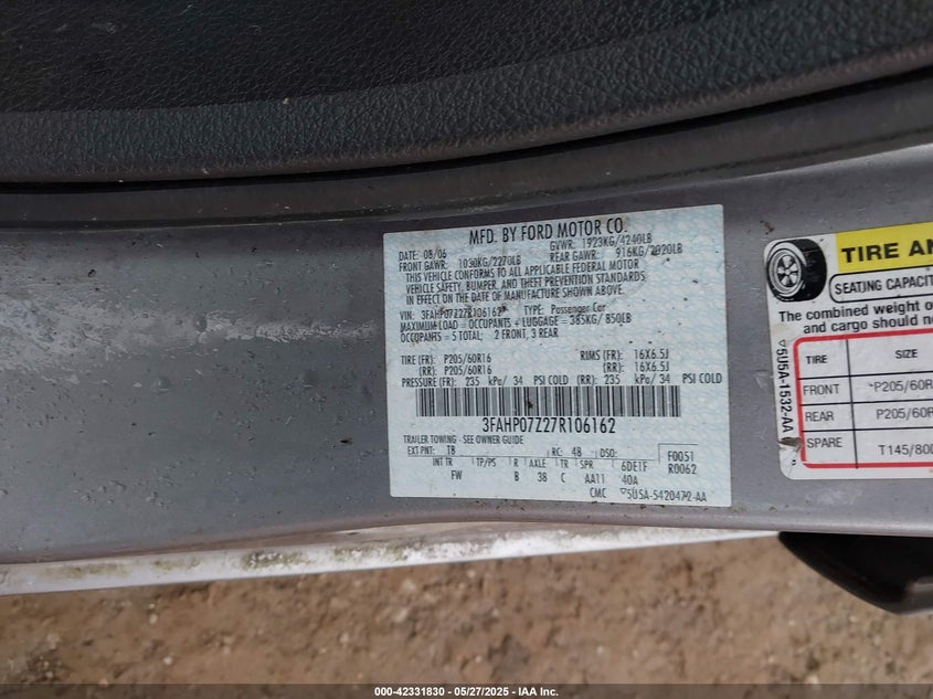 2007 FORD FUSION VIN: 3FAHP07Z27R106162