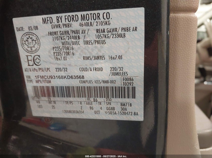 2008 FORD ESCAPE VIN: 1FMCU93168KD63568