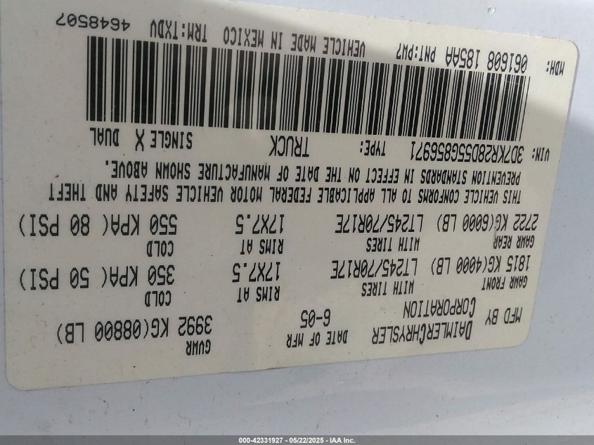 2005 Dodge Ram 2500 St VIN: 3D7KR28D55G856971 Lot: 42331927