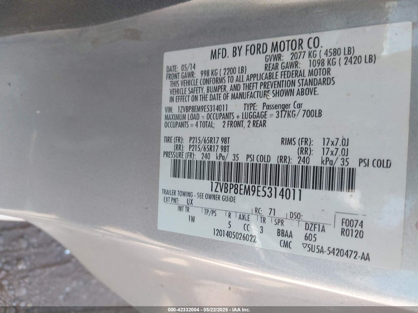 2014 Ford Mustang VIN: ZVBP8EM9E5314011 Lot: 42332004