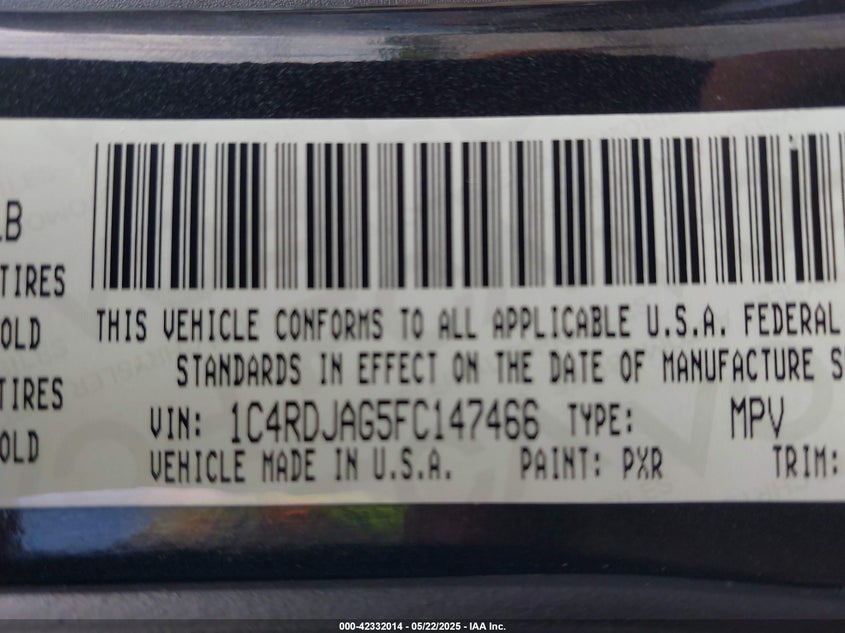 2015 DODGE DURANGO VIN: 1C4RDJAG5FC147466