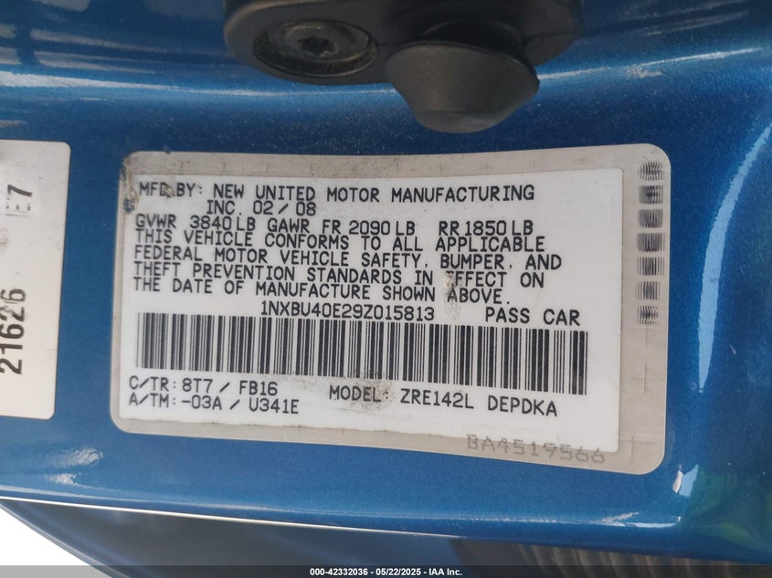 2009 TOYOTA COROLLA VIN: 1NXBU40E29Z015813