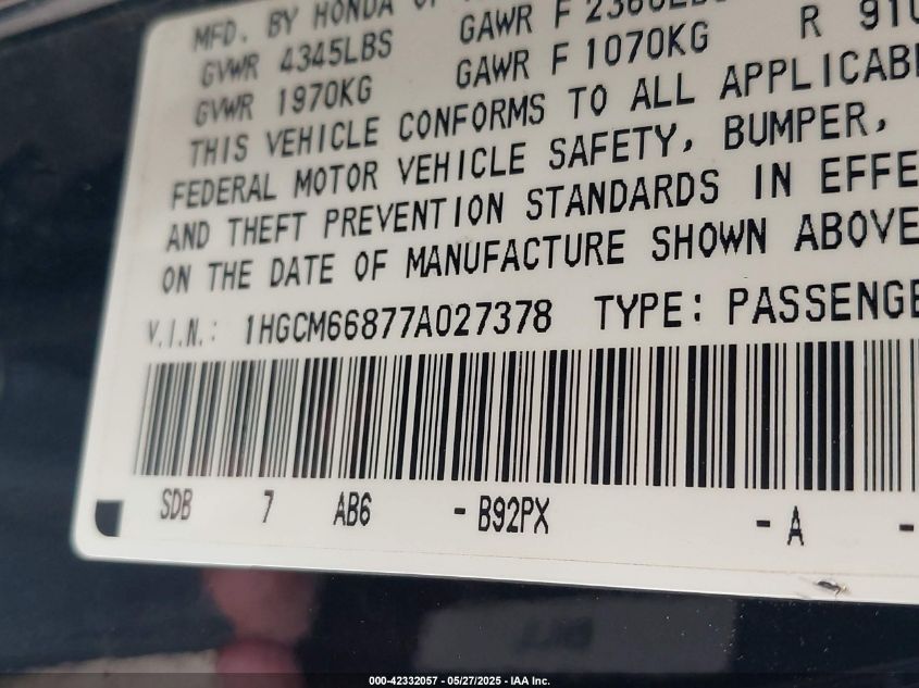 2007 Honda Accord 3.0 Ex VIN: 1HGCM66877A027378 Lot: 42332057