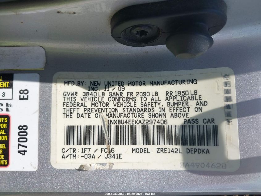 2010 Toyota Corolla Le VIN: 1NXBU4EEXAZ297406 Lot: 42332059