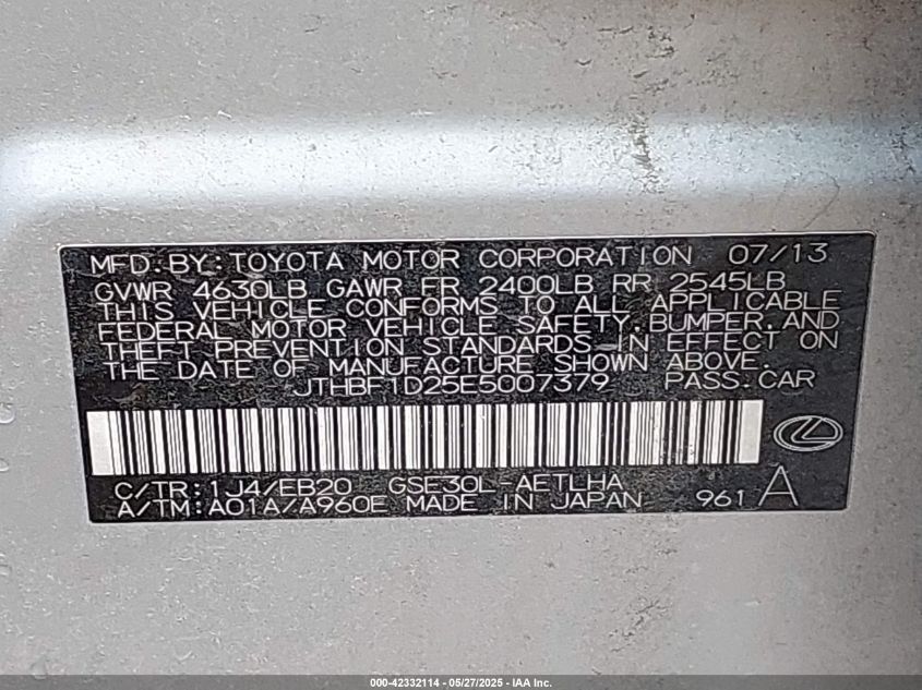 2014 Lexus Is 250 VIN: JTHBF1D25E5007379 Lot: 42332114