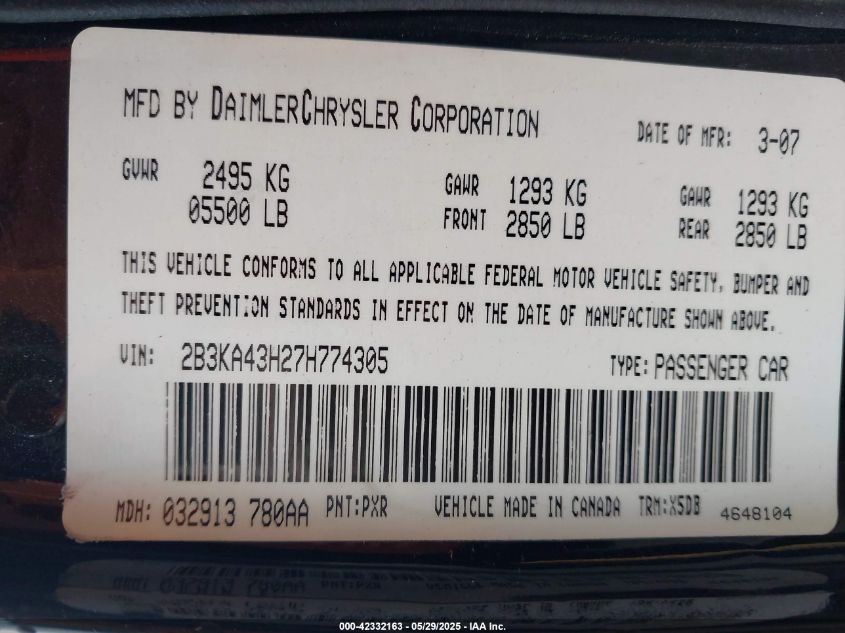 2007 Dodge Charger VIN: 2B3KA43H27H774305 Lot: 42332163