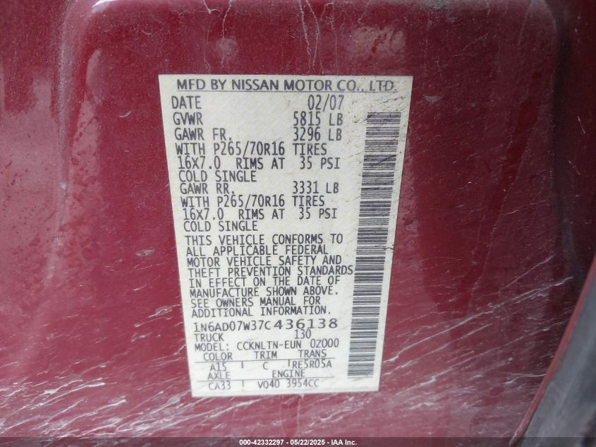 2007 Nissan Frontier Se VIN: 1N6AD07W37C436138 Lot: 42332297