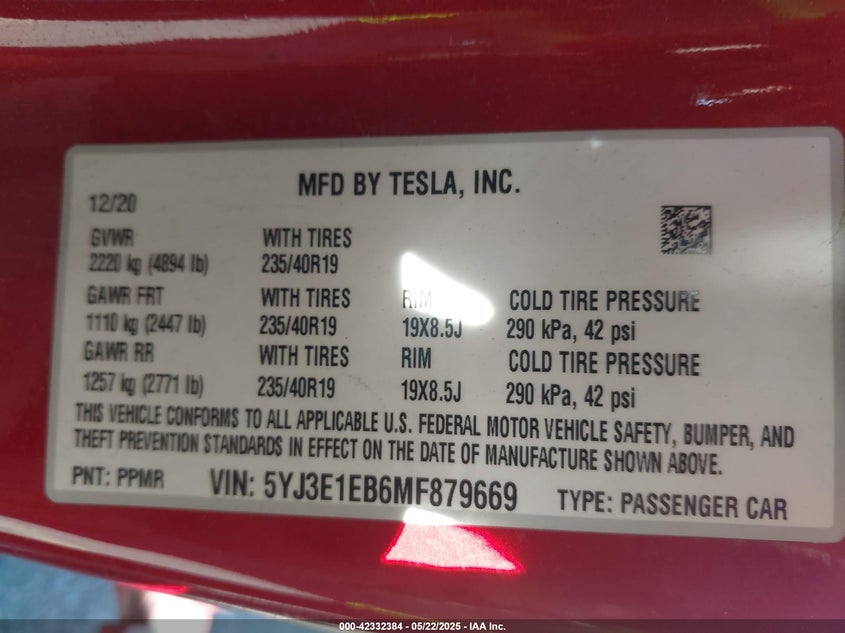 2021 TESLA MODEL 3 VIN: 5YJ3E1EB6MF879669