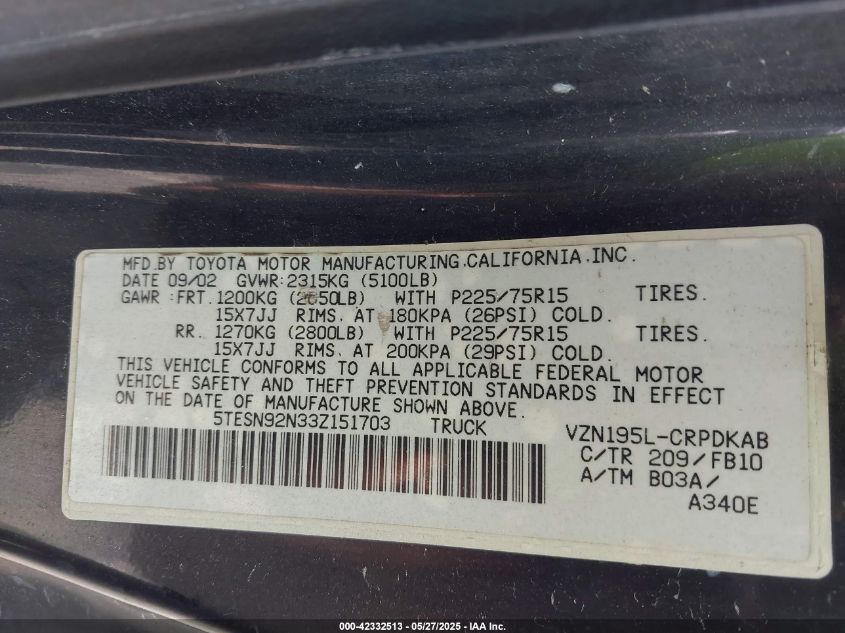 2003 Toyota Tacoma Prerunner V6 VIN: 5TESN92N33Z151703 Lot: 42332513
