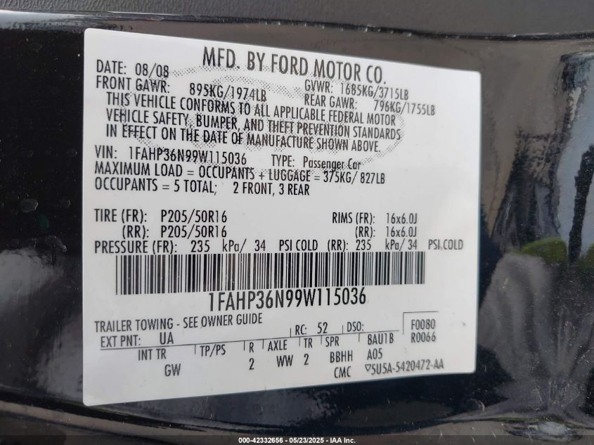 2009 Ford Focus Ses VIN: 1FAHP36N99W115036 Lot: 42332656