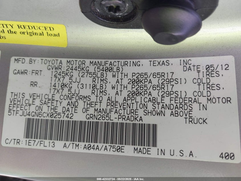 2012 TOYOTA TACOMA VIN: 5TFJU4GN6CX025742