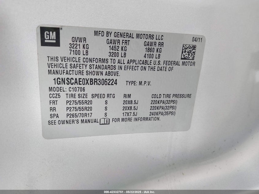 2011 CHEVROLET TAHOE VIN: 1GNSCAE0XBR306224