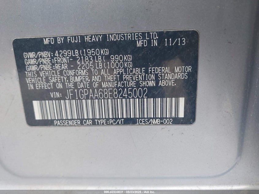 2014 SUBARU IMPREZA 2.0I - JF1GPAA68E8245002