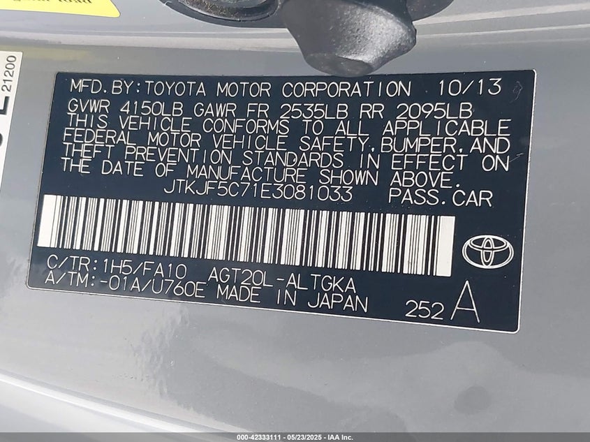 2014 SCION TC VIN: JTKJF5C71E3081033