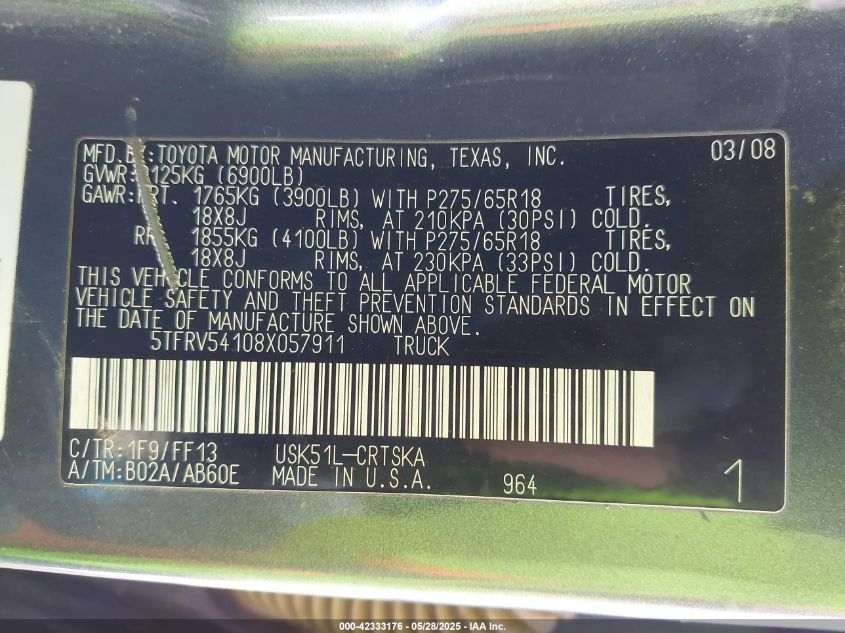 2008 Toyota Tundra Base 5.7L V8/Sr5 5.7L V8 VIN: 5TFRV54108X057911 Lot: 42333176