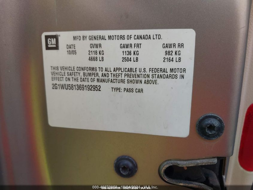 2006 Chevrolet Impala Ltz VIN: 2G1WU581369192952 Lot: 42333186