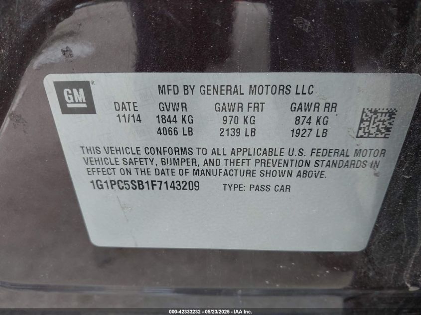 2015 Chevrolet Cruze 1Lt Auto VIN: 1G1PC5SB1F7143209 Lot: 42333232