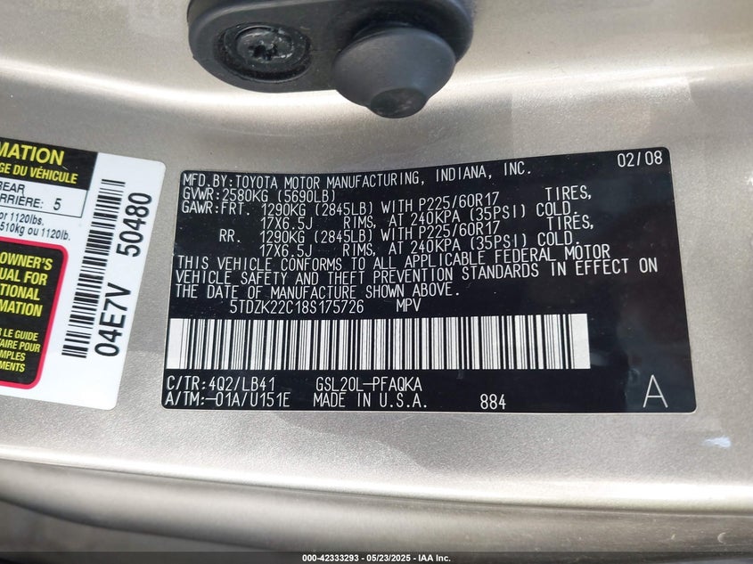 2008 TOYOTA SIENNA VIN: 5TDZK22C18S175726
