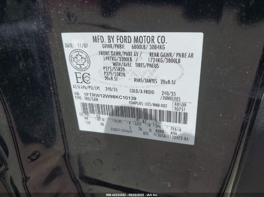 2008 Ford F-150 60Th Anniversary/Fx2/Xl/Xlt VIN: 1FTRW12W98KC10139 Lot: 42333382