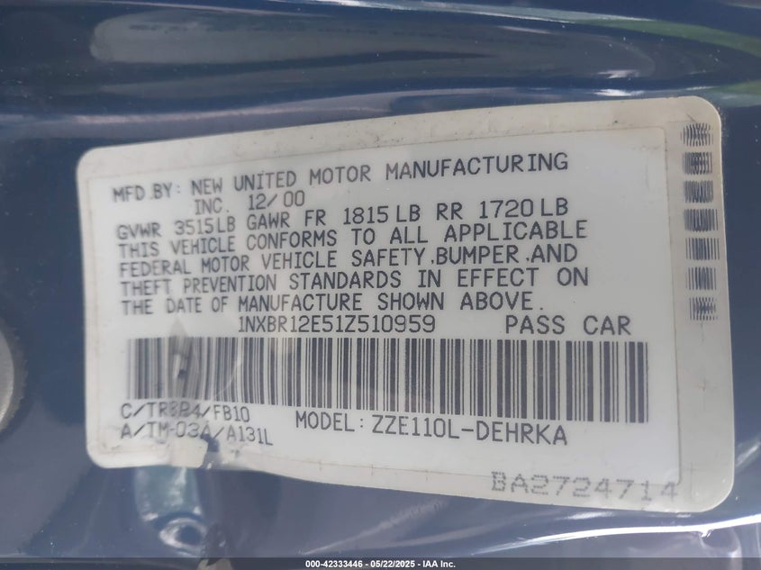 2001 Toyota Corolla Ce/Le/S VIN: 1NXBR12E51Z510959 Lot: 42333446