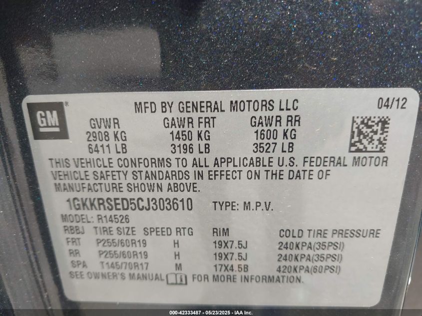 2012 GMC Acadia Slt-2 VIN: 1GKKRSED5CJ303610 Lot: 42333487