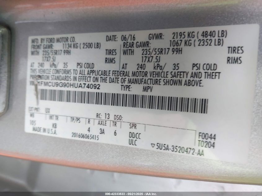 2017 Ford Escape Se VIN: 1FMCU9G91HUA07808 Lot: 42333533