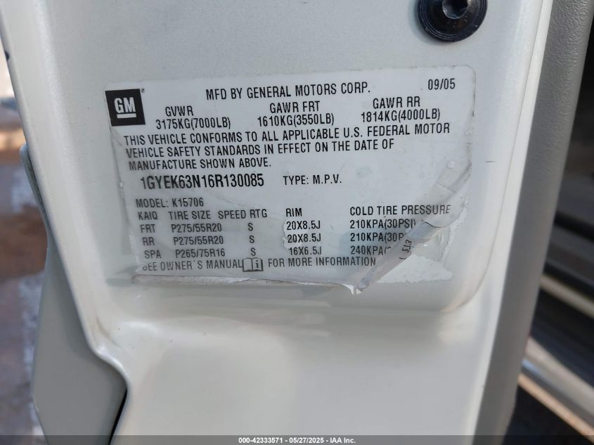 2006 Cadillac Escalade Standard VIN: 1GYEK63N16R130085 Lot: 42333571