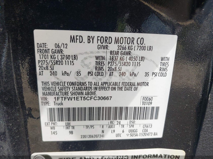 2012 FORD F-150 VIN: 1FTFW1ET5CFC30667