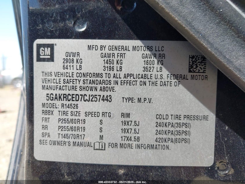 2012 BUICK ENCLAVE VIN: 5GAKRCED7CJ257443