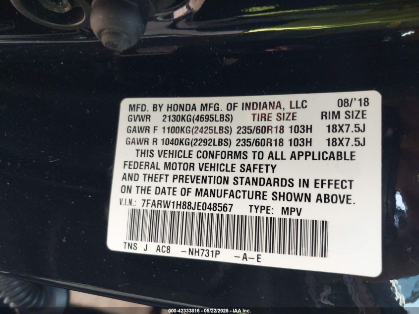 2018 Honda Cr-V Ex-L/Ex-L Navi VIN: 7FARW1H88JE048567 Lot: 42333816