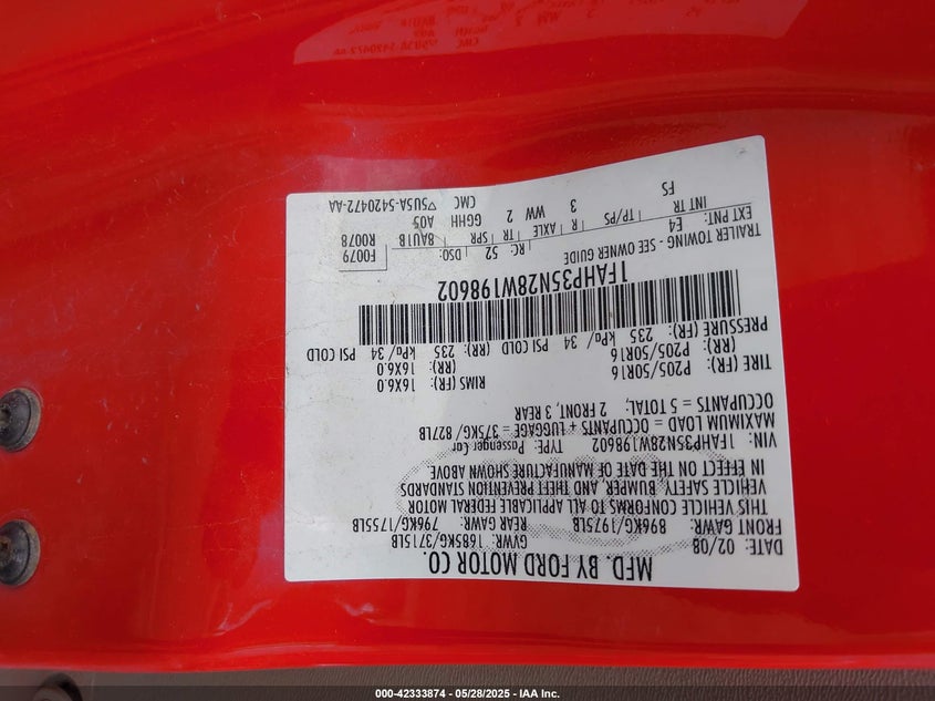 2008 FORD FOCUS VIN: 1FAHP35N28W198602