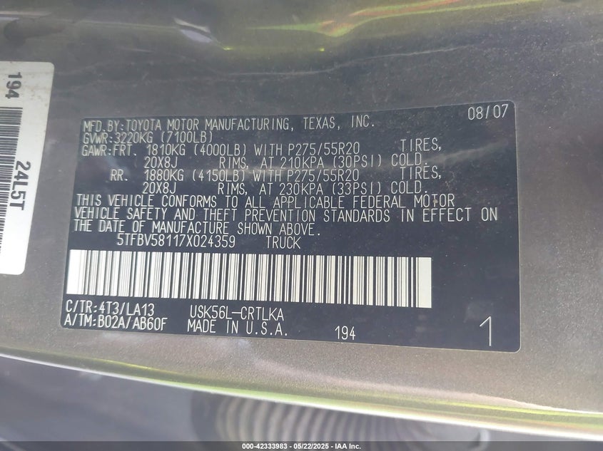 2007 TOYOTA TUNDRA VIN: 5TFBV58117X024359