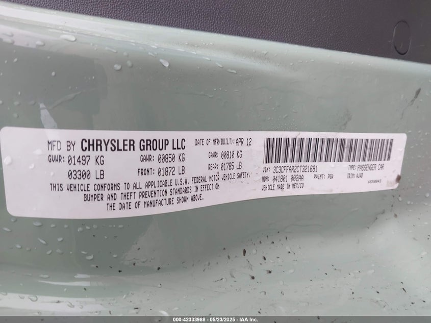 2012 FIAT 500 VIN: 3C3CFFAR2CT321691