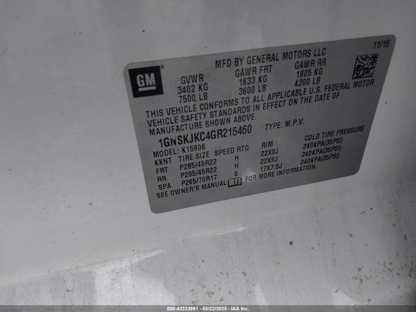 2016 CHEVROLET SUBURBAN VIN: 1GNSKJKC4GR215460