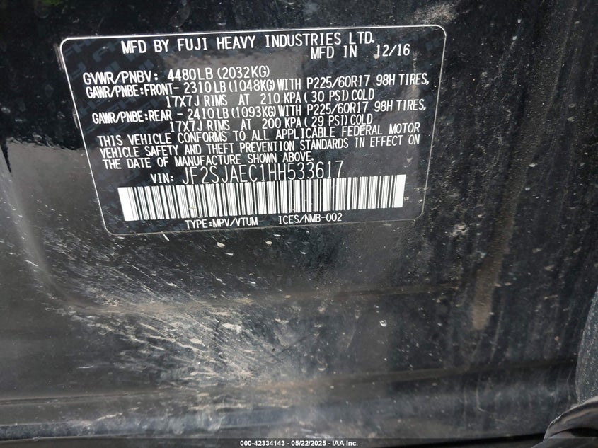 2017 SUBARU FORESTER VIN: JF2SJAEC1HH533617