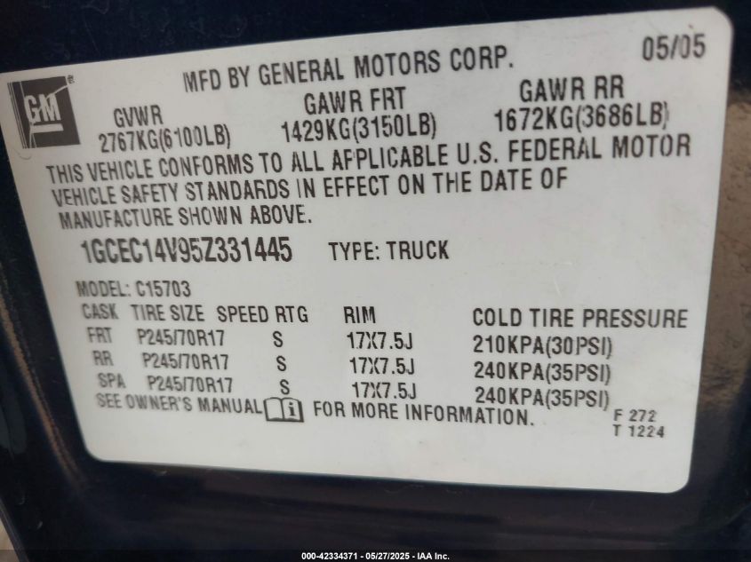 2005 Chevrolet Silverado 1500 Ls VIN: 1GCEC14V95Z331445 Lot: 42334371