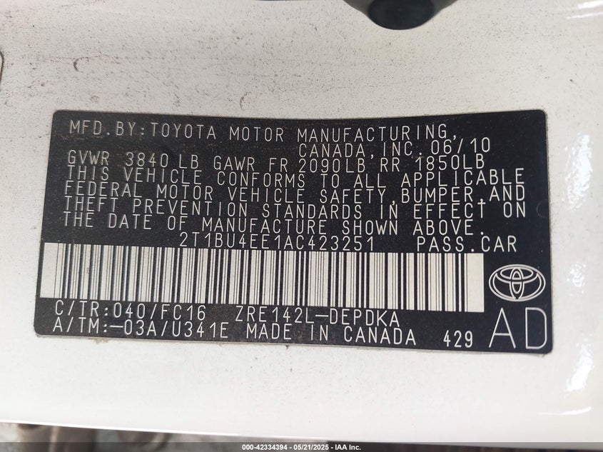 2010 Toyota Corolla Le VIN: 2T1BU4EE1AC423251 Lot: 42334394