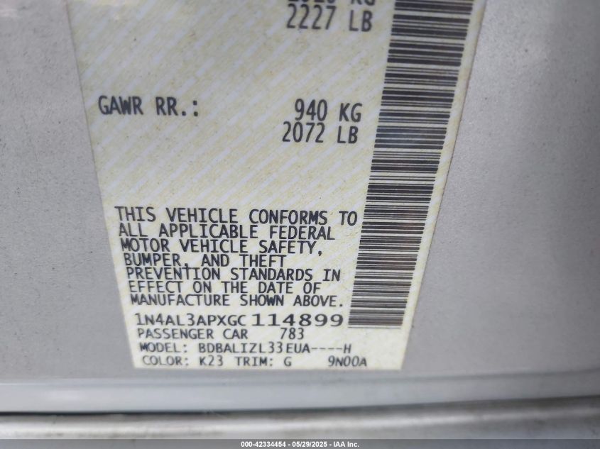 2016 Nissan Altima 2.5 Sv VIN: 1N4AL3APXGC114899 Lot: 42334454