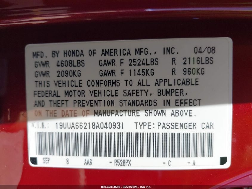 2008 Acura Tl 3.2 VIN: 19UUA66218A040931 Lot: 42334560