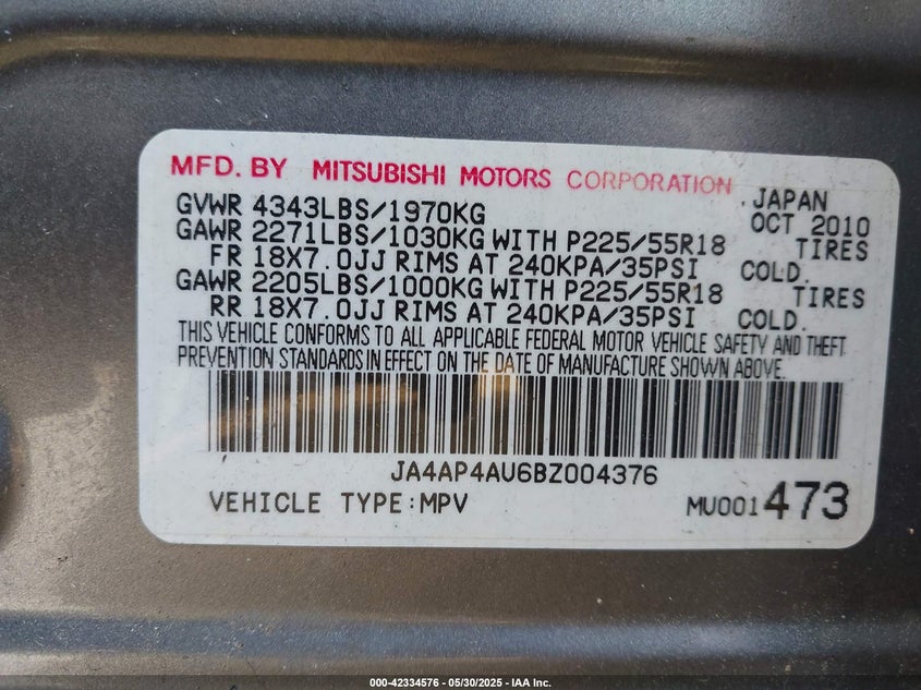 2011 MITSUBISHI OUTLANDER SPORT VIN: JA4AP4AU6BZ004376
