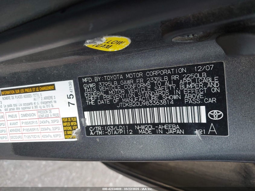 2008 TOYOTA PRIUS VIN: JTDKB20U983363814
