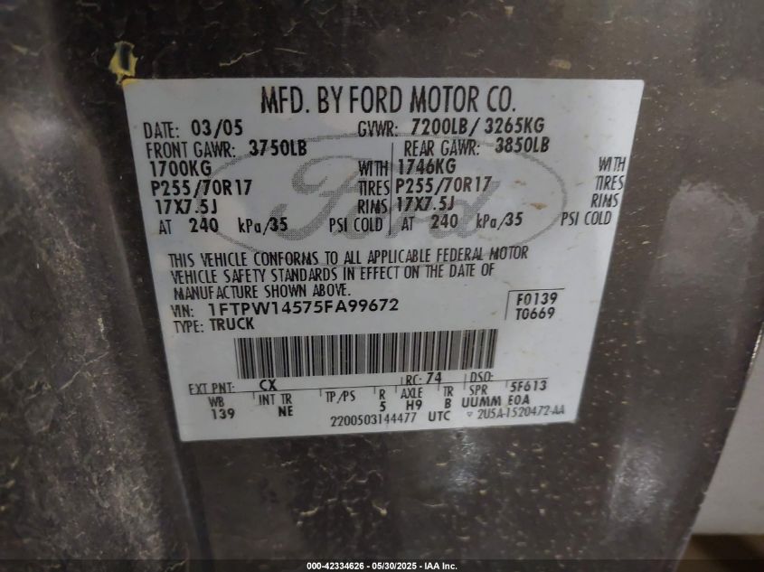 2005 Ford F-150 Fx4/Lariat/Xlt VIN: 1FTPW14575FA99672 Lot: 42334626