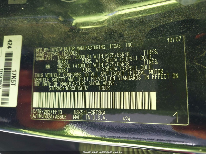 2008 TOYOTA TUNDRA VIN: 5TFRV54168X035007